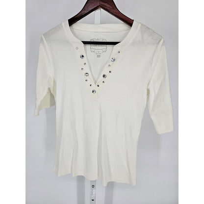 High Sierra Womens Sz M Short Sleeve V Neck T Shirt Cream Embellished Neckline