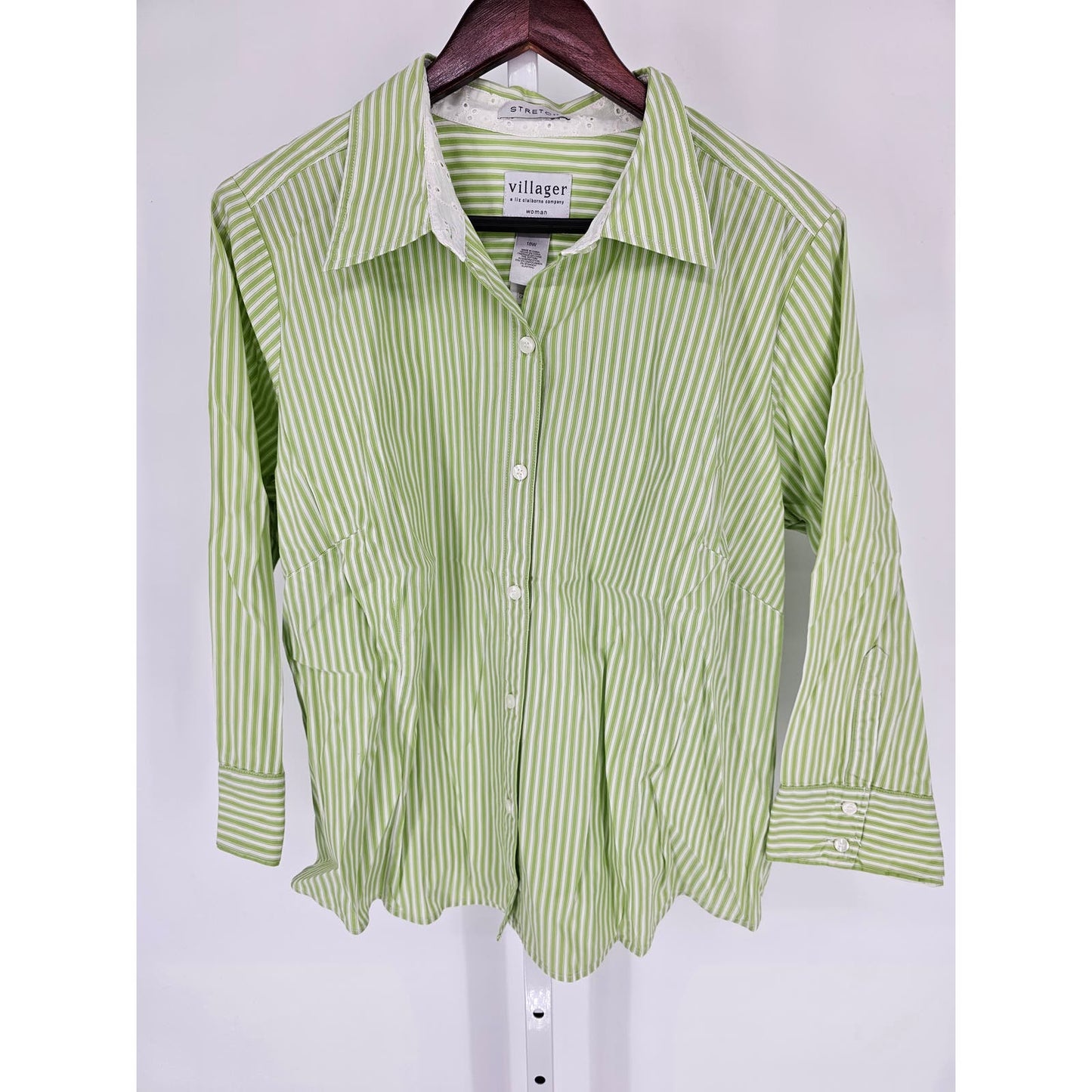 Liz Claiborne Villager Womens 18W Long Sleeve Button Up Top Lime Green Striped