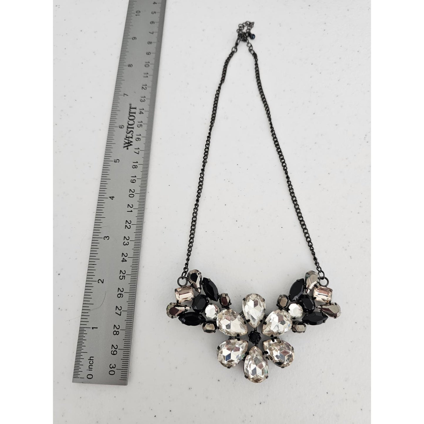 Vintage Y2K Statement Piece Formal Necklace Floral Rhinestones White Black