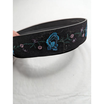 Hot Topic Womens Sz L Black Velvet Belt Embroidered Flowers