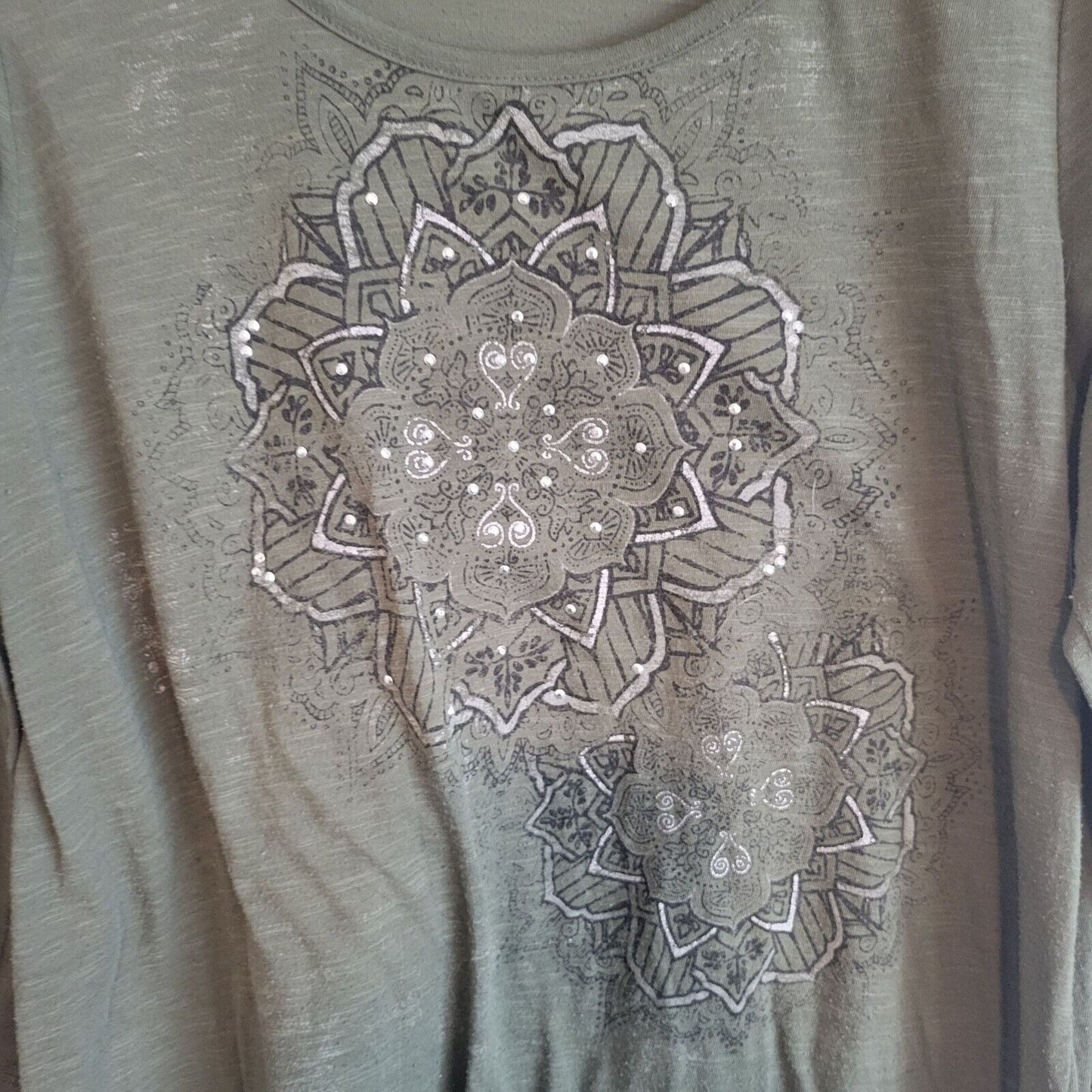 Faded Glory Womens Sz L Long Sleeve Tunic Top Olive Green Studded Mandala