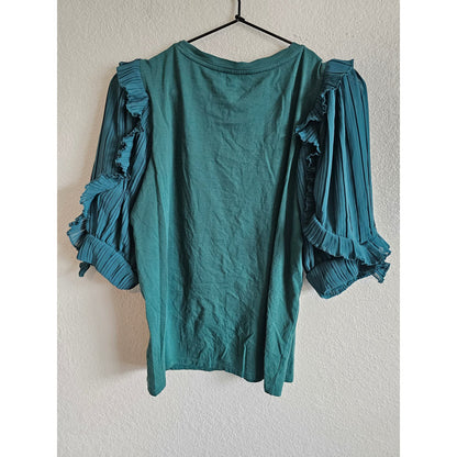 Express Womens Sz M Dark Teal Blouse Bubble Pleated Sleeve