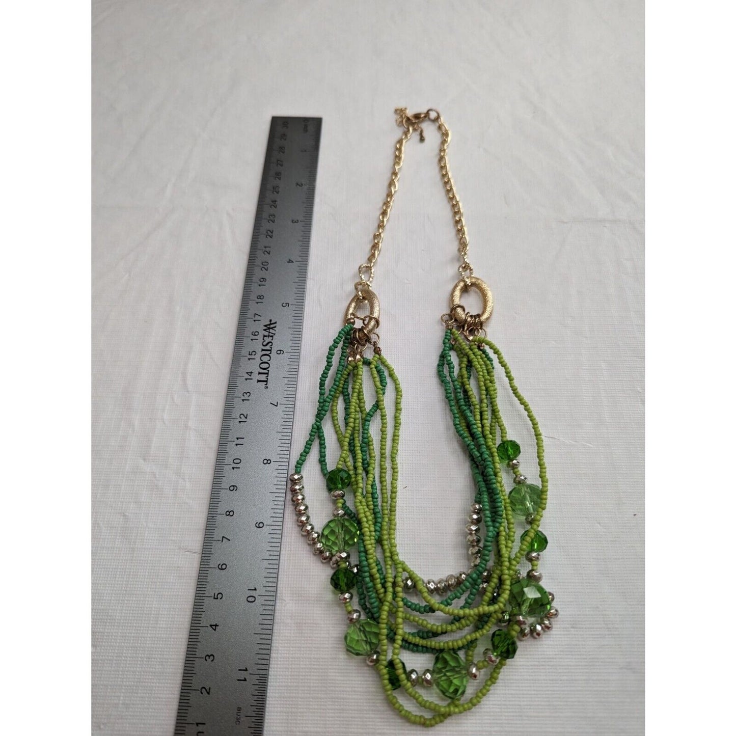 Vintage Multi Strand Seed Bead Necklace Green and Gold Chain