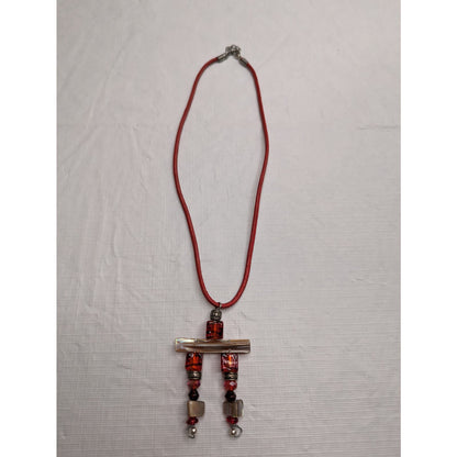 Vintage Rolled Rope Style Red and Beige Glass Pendant Necklace