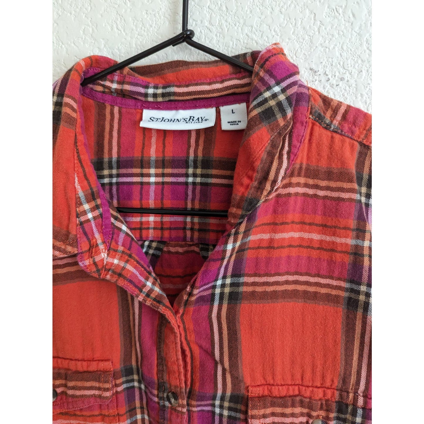 St Johns Bay Womens Sz L Long Sleeve Button Down Plaid Flannel Shirt Red