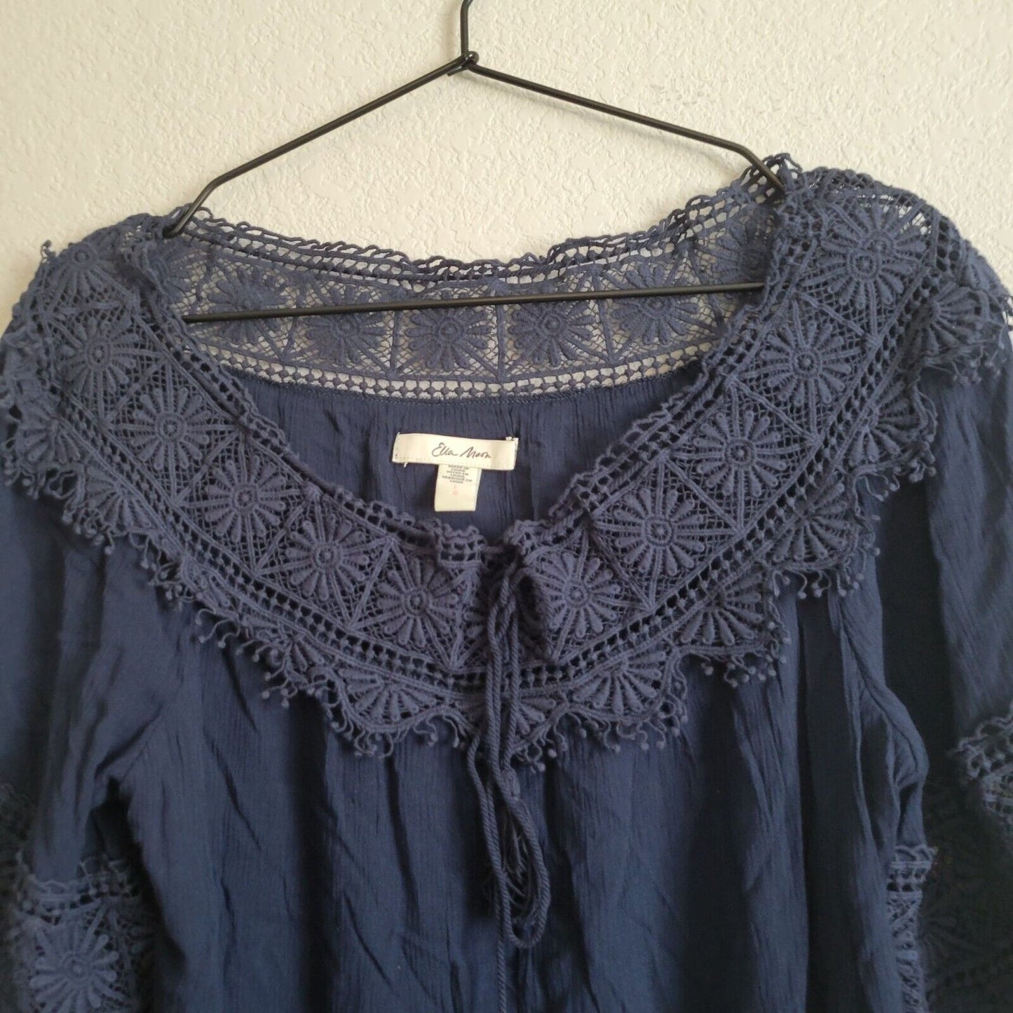 Ella Moon Womens Sz L Dark Blue Boho Crochet Knit Blouse Long Sleeve