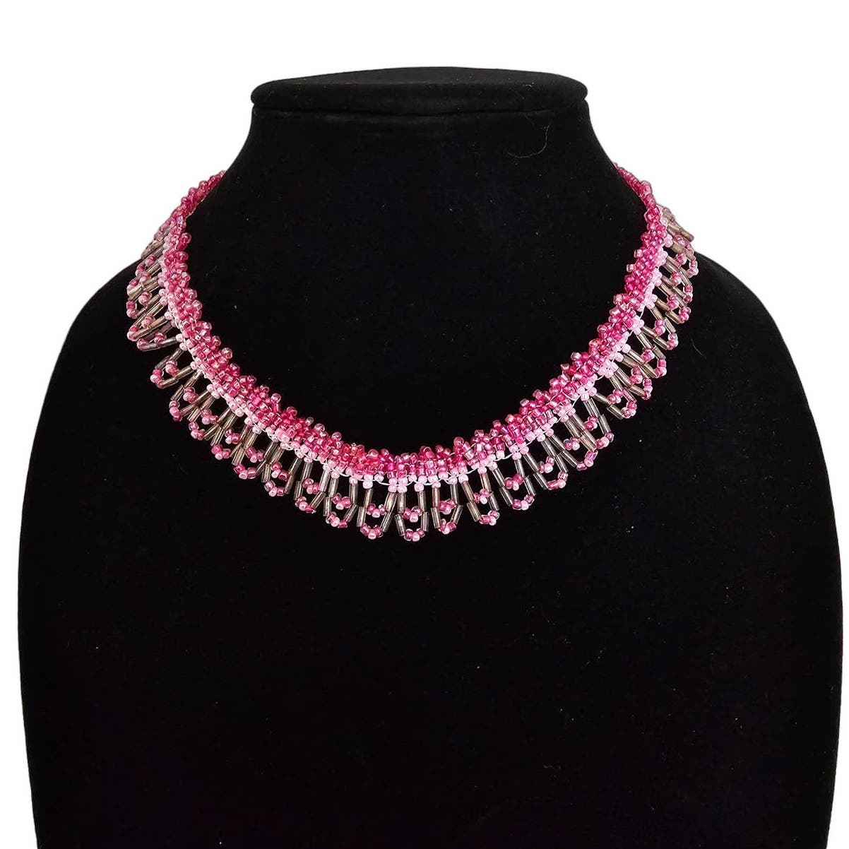 Vintage Y2K seed Bead Womens Choker Necklace Pink and Gold Preppy