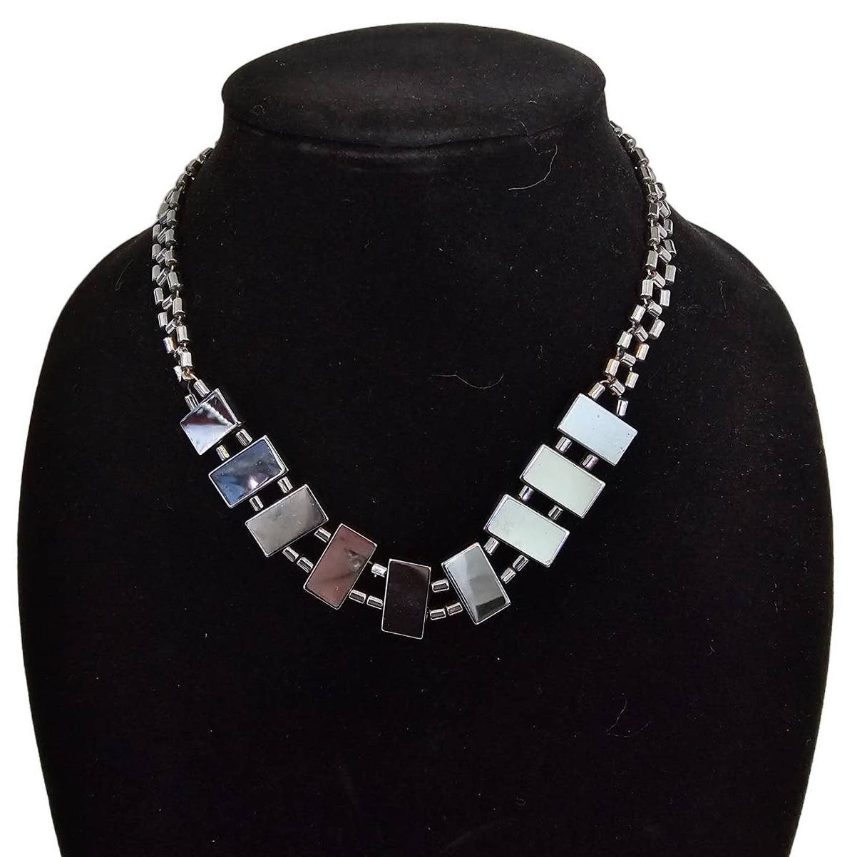 Vintage 1990s Silver Tone Metallic Geometric Beaded Necklace Formal