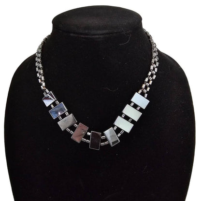 Vintage 1990s Silver Tone Metallic Geometric Beaded Necklace Formal