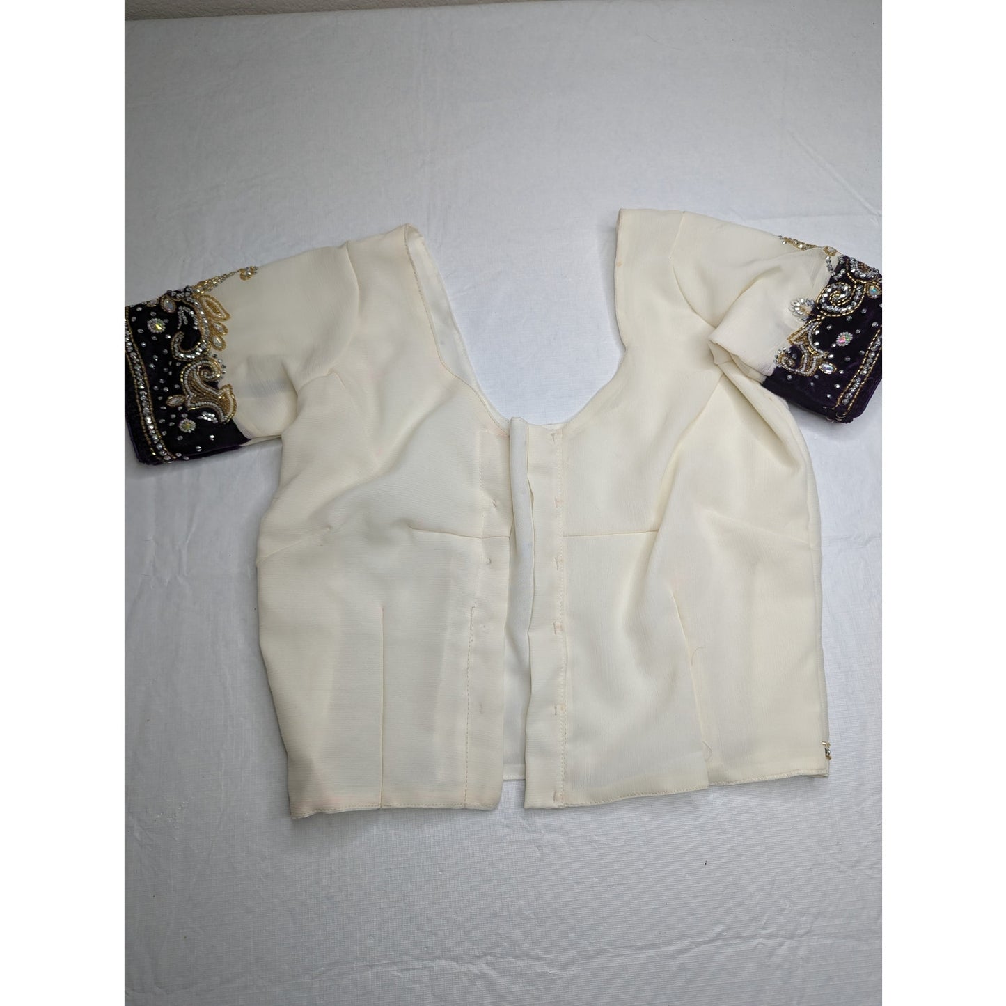 Vintage Handmade in India Womens Sz S Cropped Embroidered Cream Gold Top