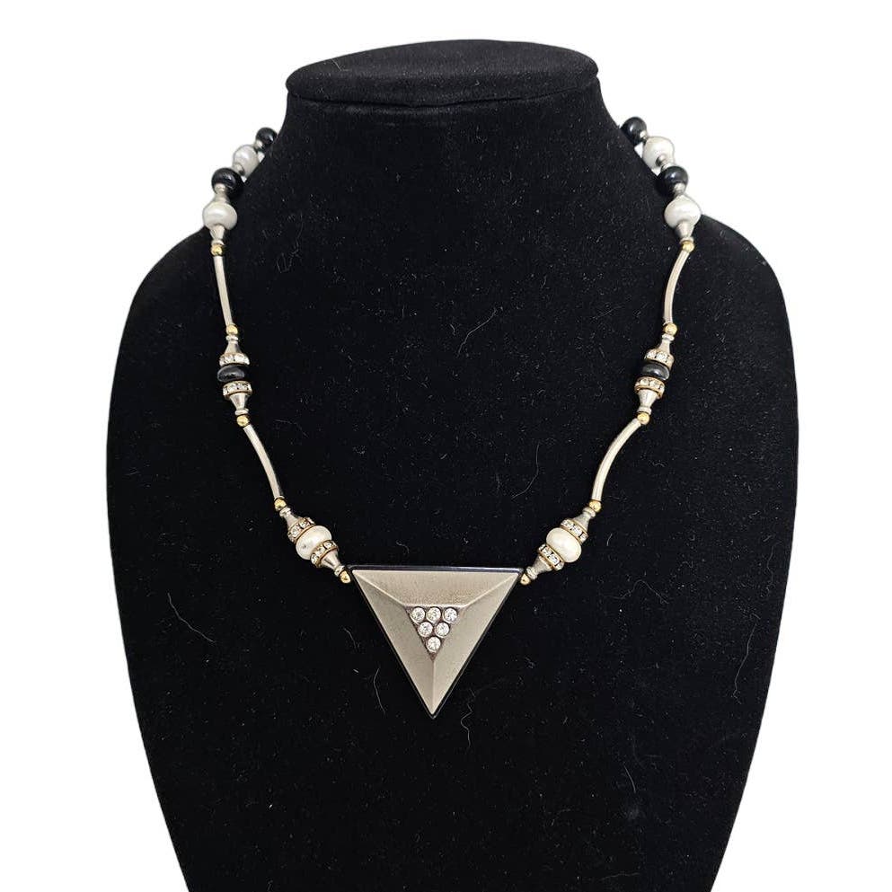 Vintage 1980s Bijoux Pendant Style Necklace Silver Tone Triangle Pendant