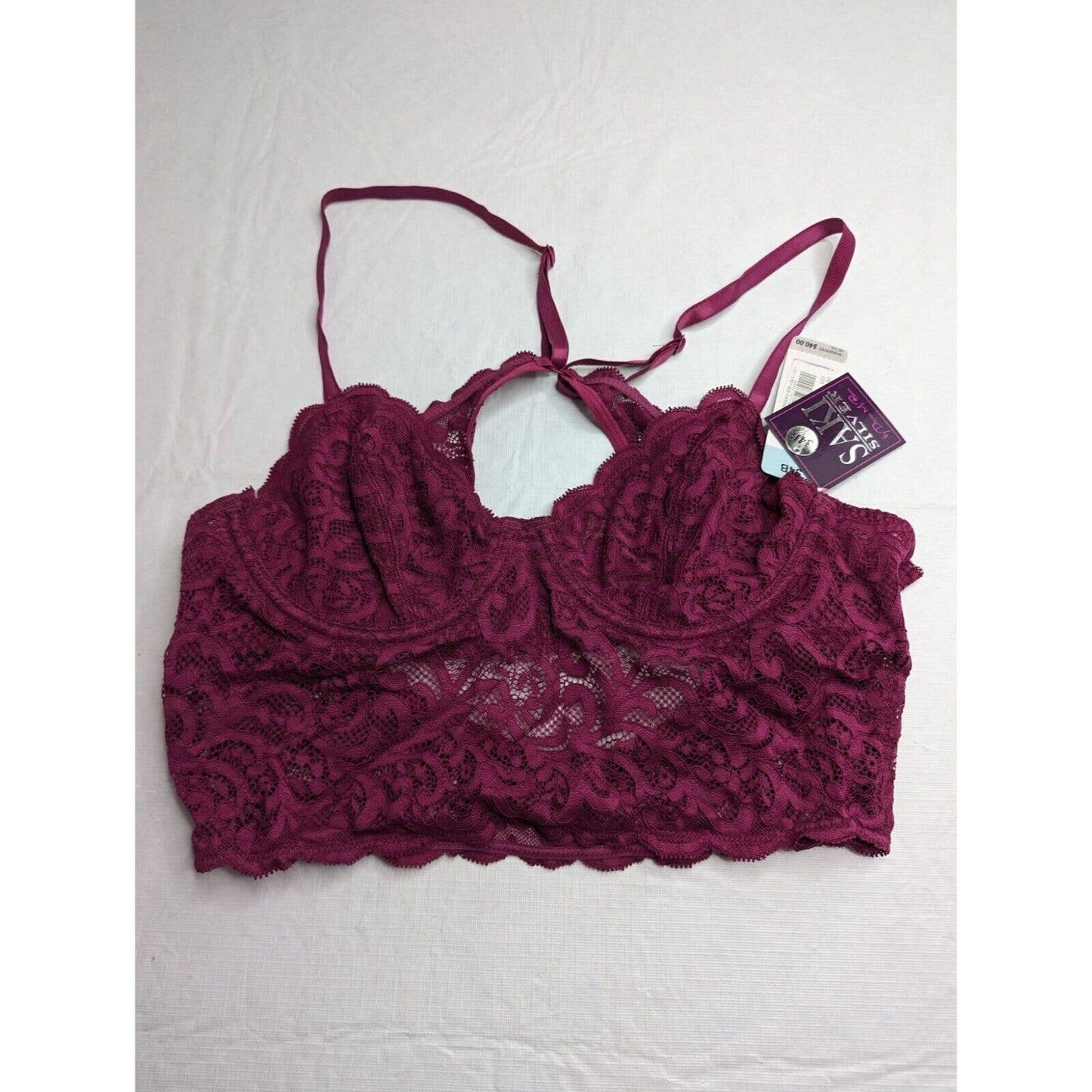 SAKI Silver Burgundy Lace Push-up Halter Neck Keyhole Bralette Size 34B