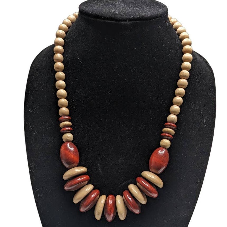 Vintage Mid Century Single Strand Wooden Bead Necklace Cream and Red