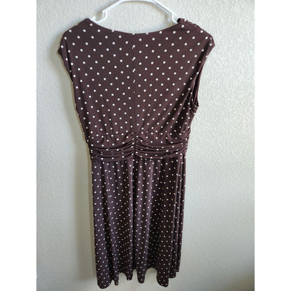 Siena Studio Womens Sz M Midi Dress Brown and White Polka Dot Scoop Neck