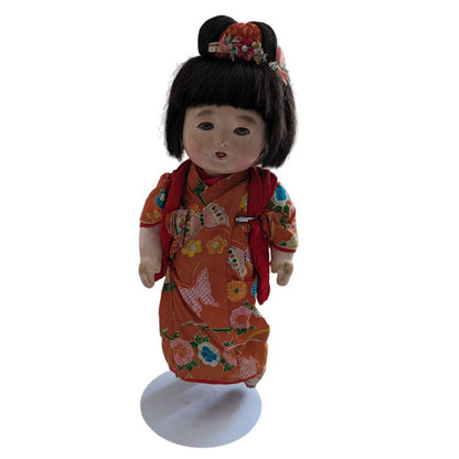 Vintage Japanese Ichimatsu Girl Doll Red Robe over Red Floral Print Kimono 12"