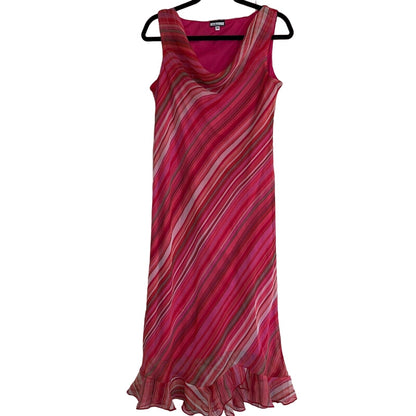 Vintage Believe Womens Sz 12 Pink Midi Dress Chiffon Striped Sleeveless