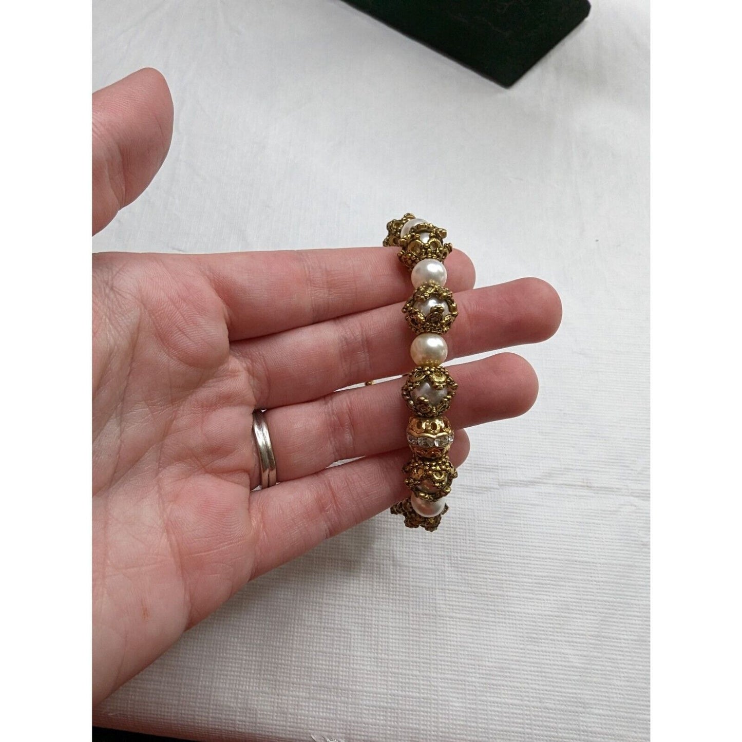 Vintage Gold Tone and Pearl Beaded Bracelet Mid Century