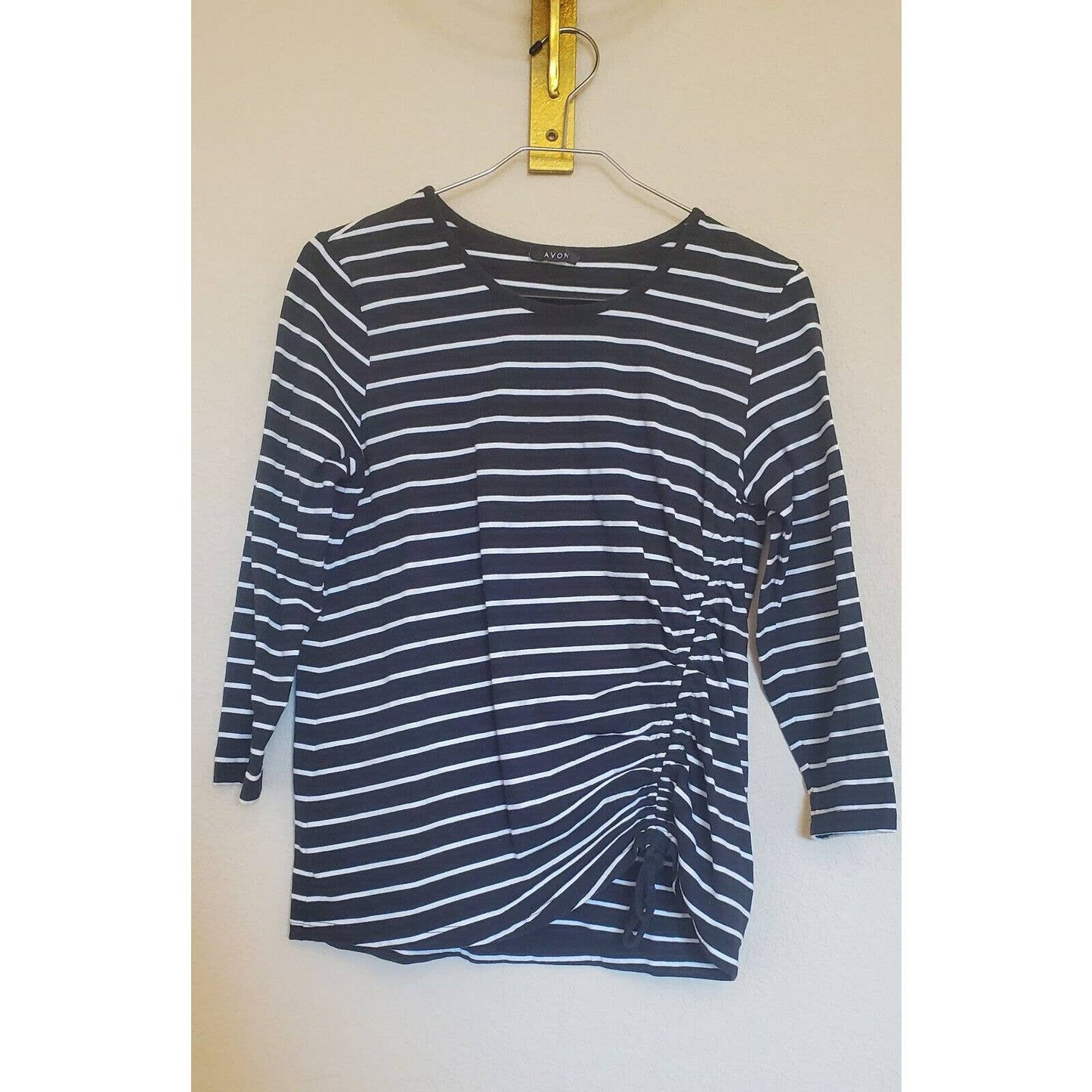 Avon Womens Sz M 3/4 Sleeve Black and White Striped T Shirt Ruched Front