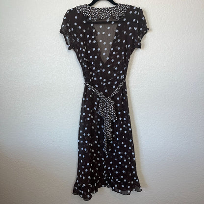 MSK Womens Sz 8 Midi Brown and White Polka Dot Semi Sheer Dress V Neck