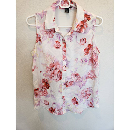 Forever 21 Womens Sz S Sleeveless Button Down Blouse White Floral