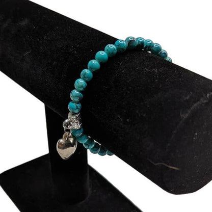 Vintage Y2K Single Strand Beaded Bracelet Turquoise w/ Heart Charm