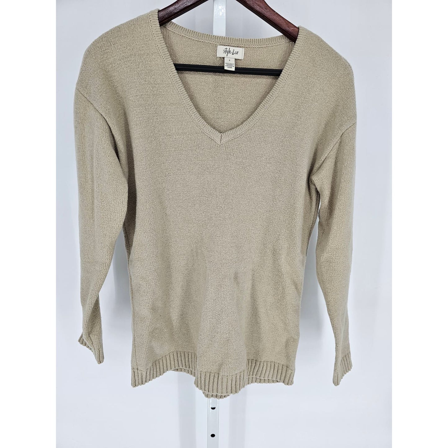 Style & Co Womens Sz S V Neck Lightweight Sweater Beige Tan