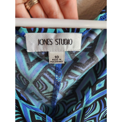 Jones Studio Womens Sz 10 Midi Dress Blue Purple Geometric Faux Wrap