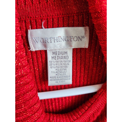 Vintage Worthington Womens Sz M Red Turtleneck Sweater Metallic Weave Ribbed