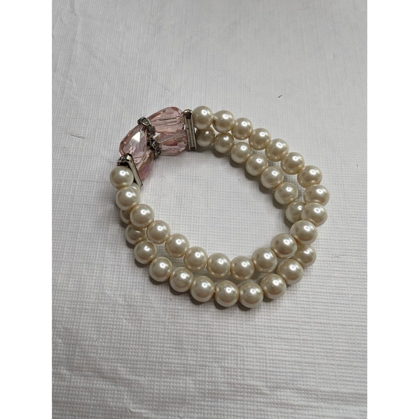 Vintage 1990s 2 Strand Beaded Bracelet Faux Pearl and Pink Stones