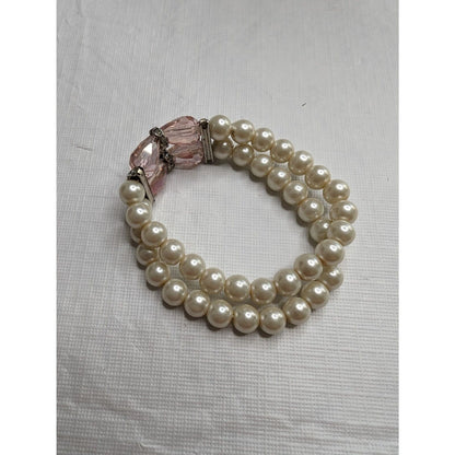 Vintage 1990s 2 Strand Beaded Bracelet Faux Pearl and Pink Stones