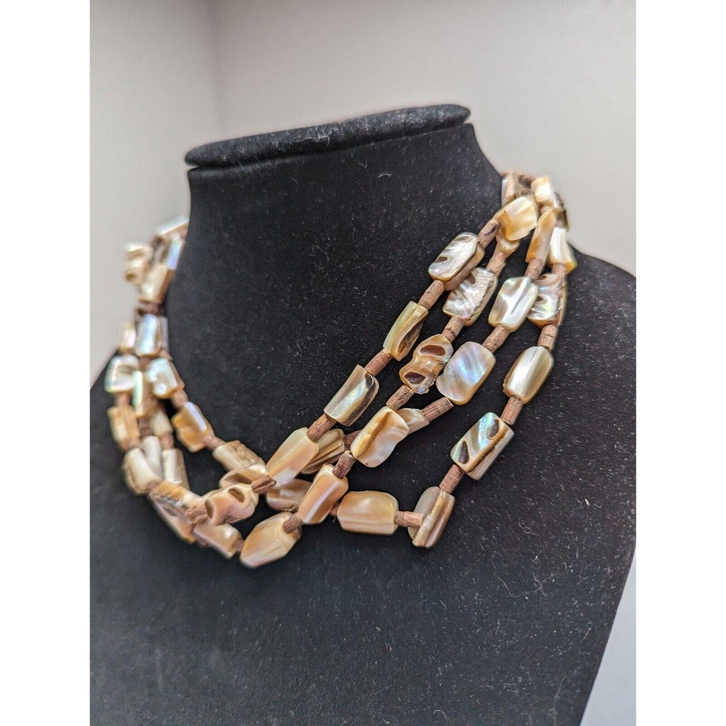 Vintage 1960s Mother of Pearl Irregular Beaded 3 Strand Necklace