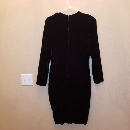 Vintage 1980s Ms Chaus Sz 12 Midi Black Velvet Dress Beaded Long Sleeve