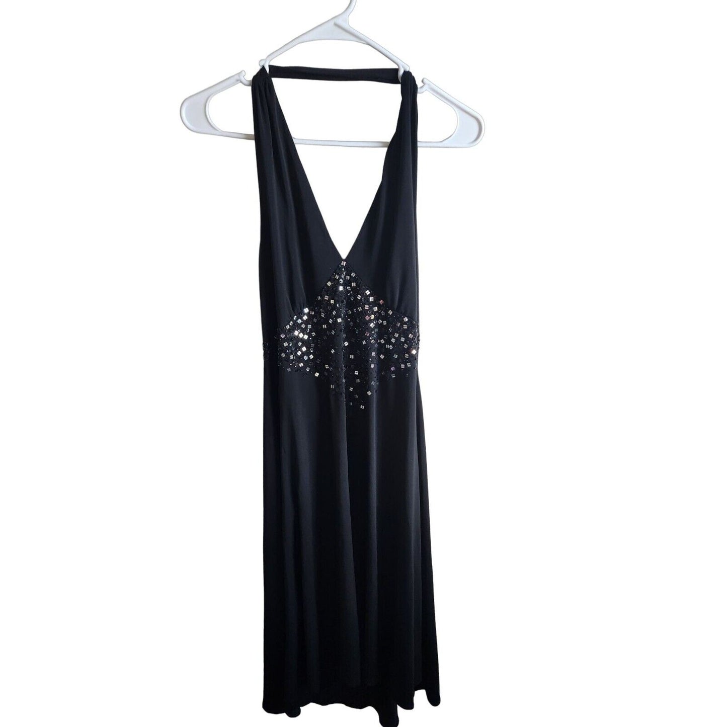 Vintage Maggy London 12P Petite Halter Midi Dress Black Formal Beaded