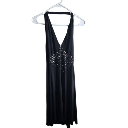Vintage Maggy London 12P Petite Halter Midi Dress Black Formal Beaded