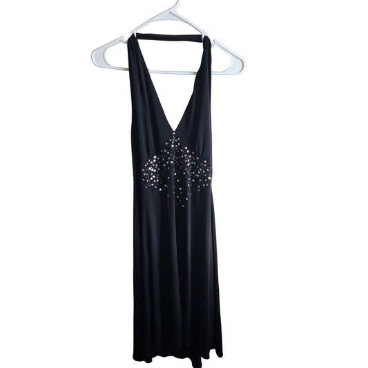 Vintage Maggy London 12P Petite Halter Midi Dress Black Formal Beaded