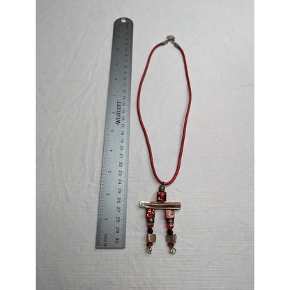 Vintage Rolled Rope Style Red and Beige Glass Pendant Necklace