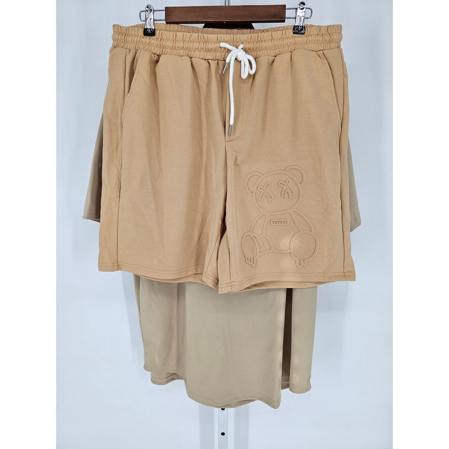 Shein Mens Sz XXL Sweat Shorts and Thick T Shirt Set Beige Future Teddy Bear