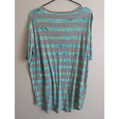 Lularoe Irma Womens Sz XS Short Sleeve Tunic Top Gray Teal Striped