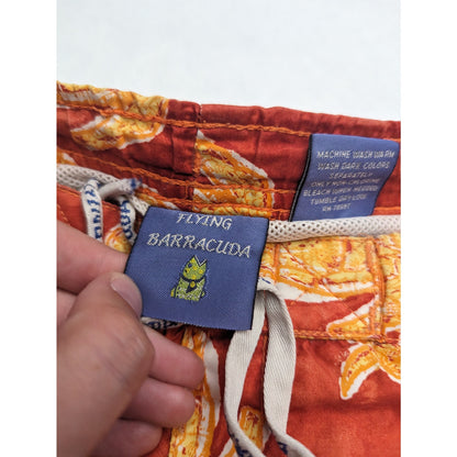 Flying Barracuda Boys Sz 7 Lined Swim Trunks Swimsuit Orange Turtle Print