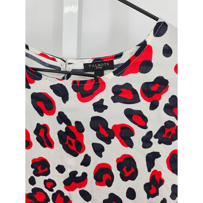 Talbots Womens Sz MP Petite Sleeveless Blouse Red Black White Leopard Print