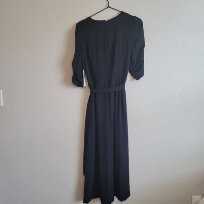 Eliza J Womens Sz 4 Maxi Dress Solid Black Short Sleeve Belted NEW