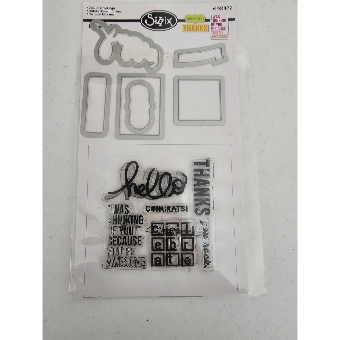 Sizzix Casual Greetings Clear Rubber Stamp and Die Set Hello Congrats