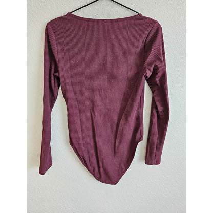 Old Navy Womens Sz M Square Neck Bodysuit Shirt Dark Purple Ribbed Long Sleeve