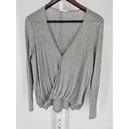 Lush Womens Sz L Draped Front Long Sleeve Blouse Light Gray V Neck