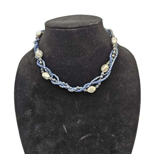 Cintage Y2K Braided Seed Bead Necklace Blue and Silver Tone Beads