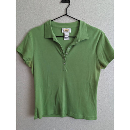 Talbots Petites Womens PM Short Sleeve Polo Shirt Green Ribbed