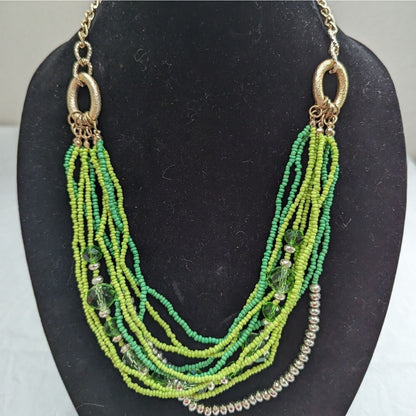 Vintage Multi Strand Seed Bead Necklace Green and Gold Chain