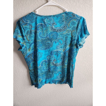 Vintage Hillard & Hanson Womens Sz L Short Sleeve T Shirt Blue Paisley Print