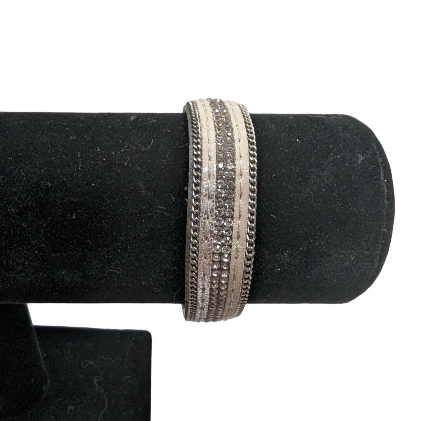 Vintage Leather and Rhinestone Bangle Cuff Bracelet Magnetic Closure Boho