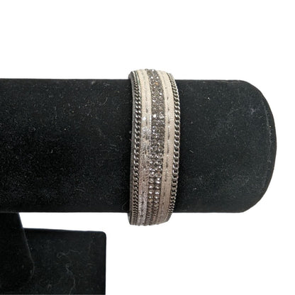 Vintage Leather and Rhinestone Bangle Cuff Bracelet Magnetic Closure Boho